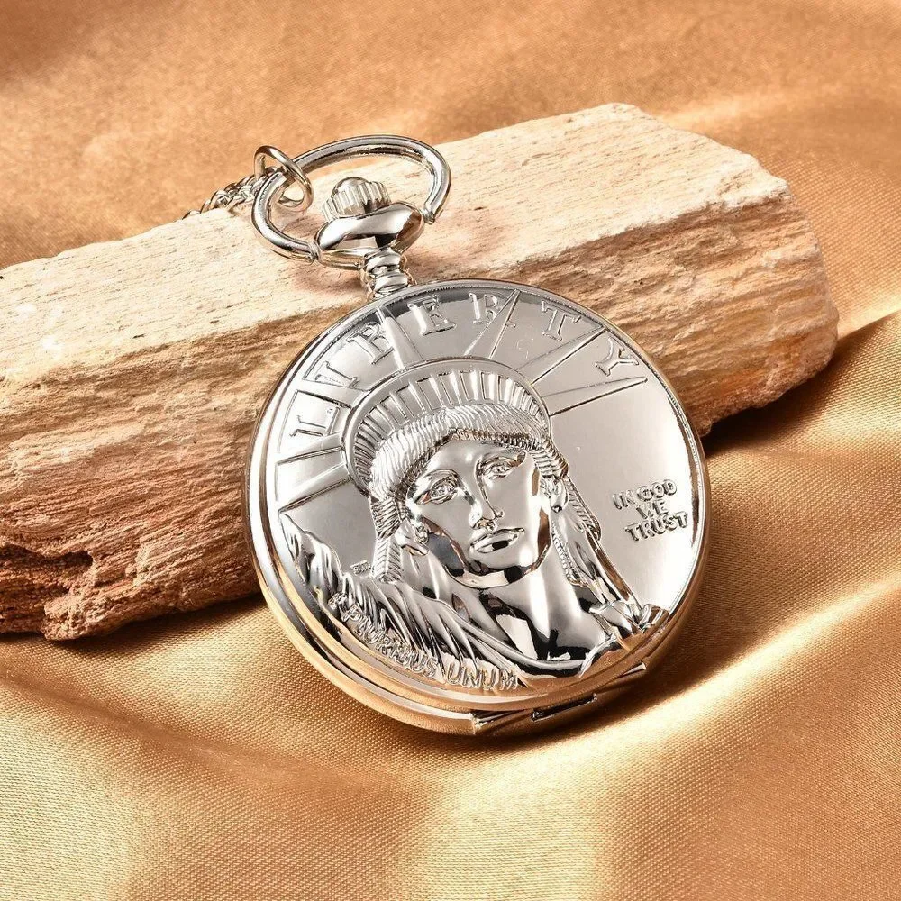 STRADA Statue of Liberty Head Pattern Pocket Watch Silvertone